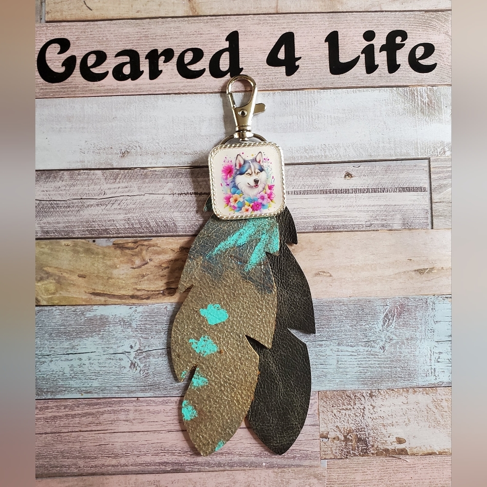 Husky Dog Handmade feather purse charm Keychain husky lover gift